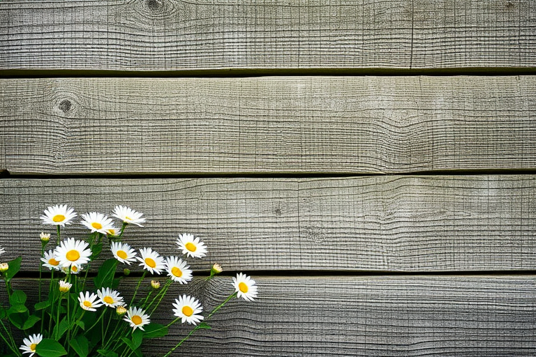 Create an image of a weathered wooden plank wall with subtle green tones and white daisies softly blending into the wood grain, captured with a Canon EOS R5, 50mm lens, f/1.8 aperture, ISO 100, and a slight vignette effect for depth.