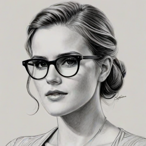 Radiant Maggie Grace, pencil sketch, portrait of Stunning woman 1924s in glasses, hair style beatnik, outline, clear lines, fine lines, 8k