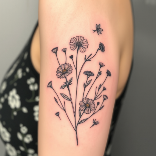 Delicate fine line tattoo showcasing a detailed botanical illustration of wildflowers and herbs, thin precise strokes creating realistic petals and leaves, soft muted colors for a vintage-inspired look