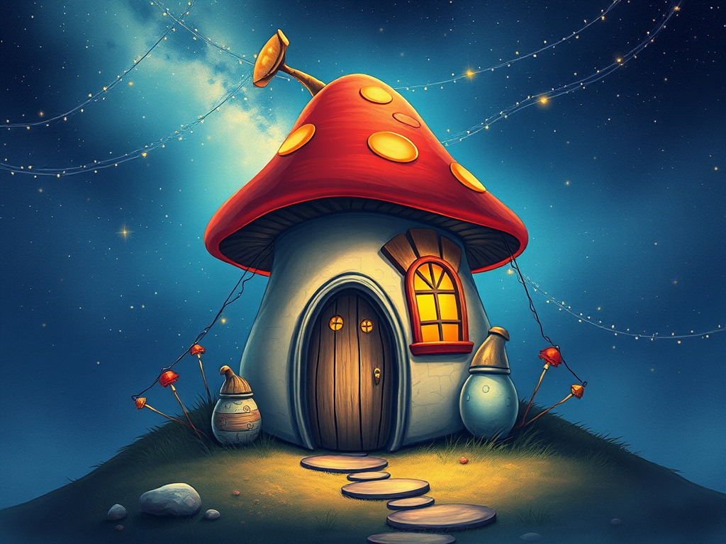 generate illustration of a mushroom house with a door and a window, a storybook , fantasy art, mushroom house, bg starry sky, sparkles