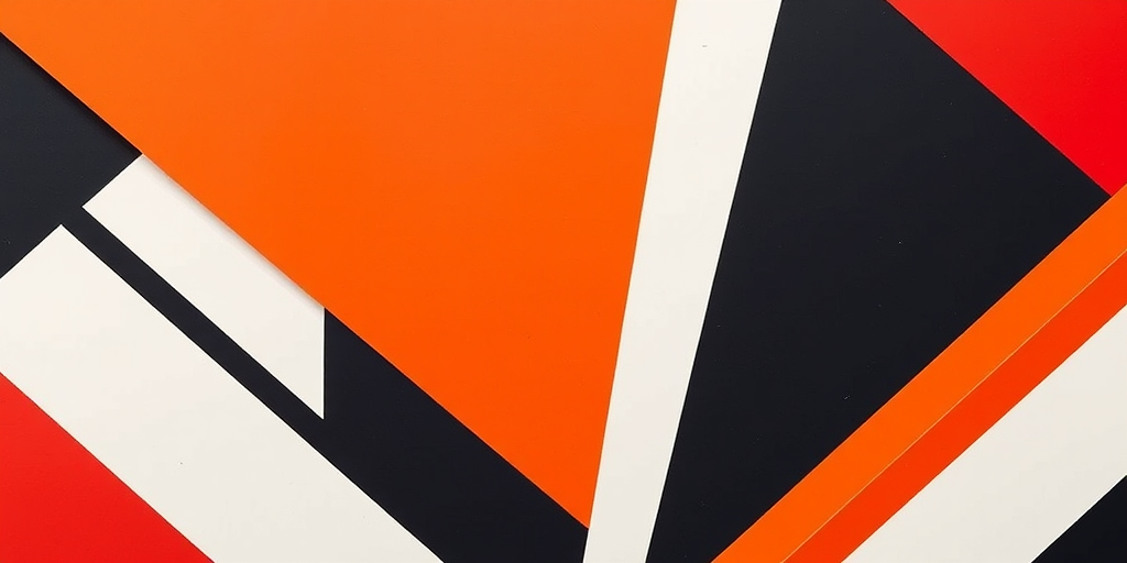 Create a high-resolution abstract geometric design featuring bold colors like orange, black, white, and red, emphasizing sharp lines and angles, captured in a DSLR camera using a 50mm lens, f/1.8 aperture, ISO 100, and a focal length of 50mm, in a flat lay perspective for enhanced depth and clarity.