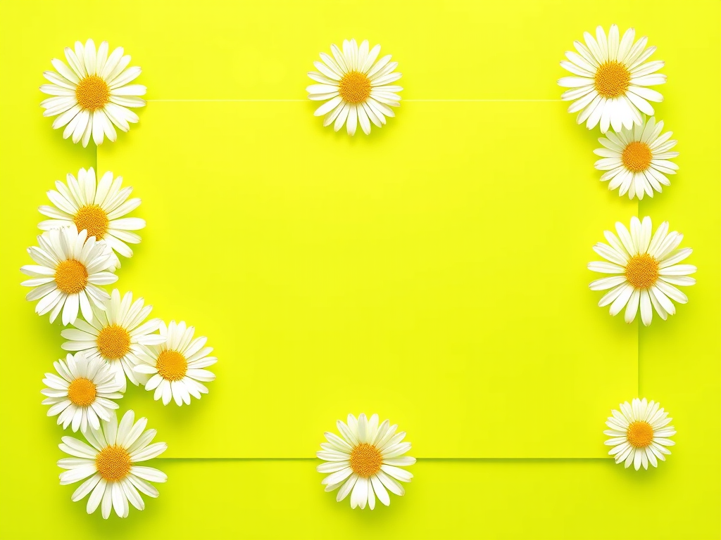 Create a vibrant illustration of a simple rectangular border decorated with white daisies along the edges, set against a bright green background, using a digital art style with a resolution of 300 DPI, captured from a flat lay view with a soft focus effect to enhance color contrast and sharpness.