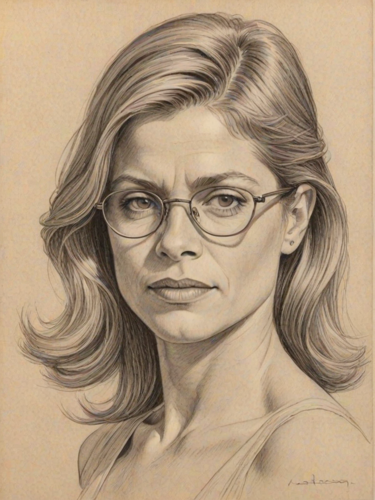 Comely Linda Hamilton, pencil sketch, portrait of Graceful woman 1935s in glasses, hair style beatnik, outline, clear lines, fine lines, 8k