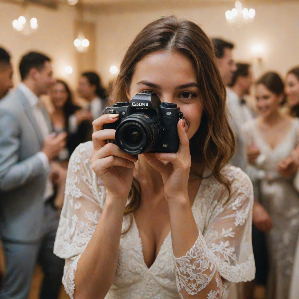 Blurry candid shot of a young woman with a camera capturing moments during a wedding, soft light illuminating her joyful expression as she snaps photos.
