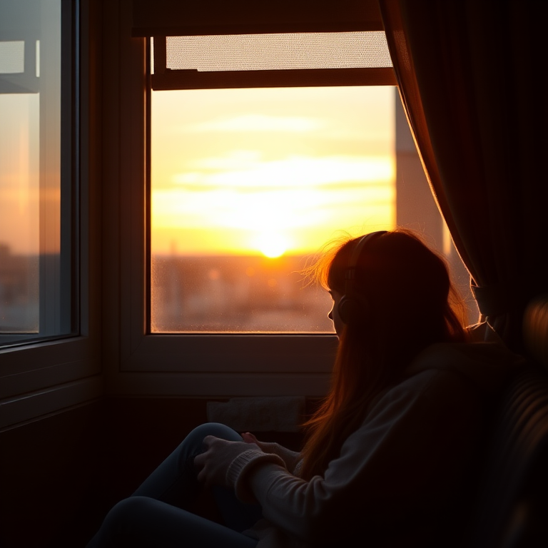 Create a cozy scene of a girl with headphones sitting by a window at sunset, captured with a DSLR camera at f/2.8 aperture, ISO 200, 50mm lens, in soft natural light to enhance warm colors and details.