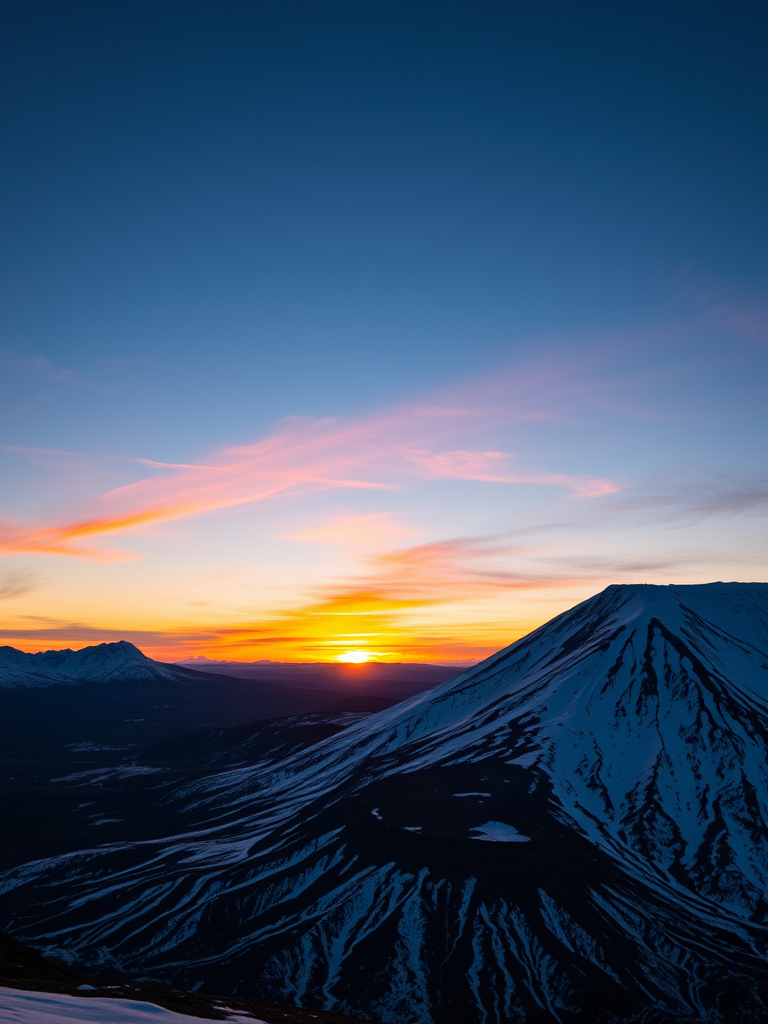 capture a dramatic sunset over a snow-covered mountain landscape with volcanic activity, using a DSLR camera with a 24mm lens, aperture f/8, ISO 100, shutter speed 1/60 sec, in landscape orientation, high dynamic range for enhanced detail, evening light for dramatic shadows.