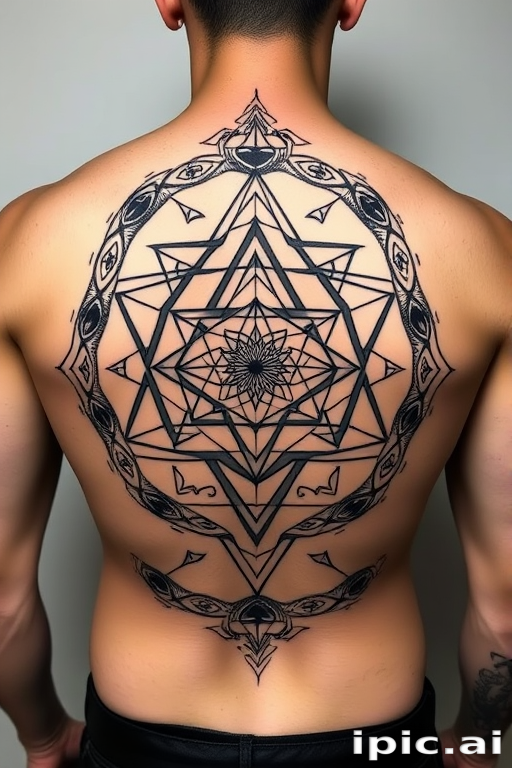 Geometric blackwork tattoo dubbed "Sacred Symmetry" featuring precise angular shapes and patterns inspired by ancient sacred geometry forming a cohesive large-scale design across the back
