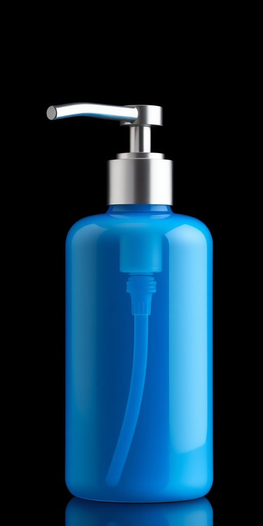 Create a high-resolution digital illustration of a blue soap dispenser, using a close-up view with soft lighting and vibrant colors, shot with a mirrorless camera at f/2.8, ISO 100, shutter speed 1/60s, in a minimalist style on a solid black background.