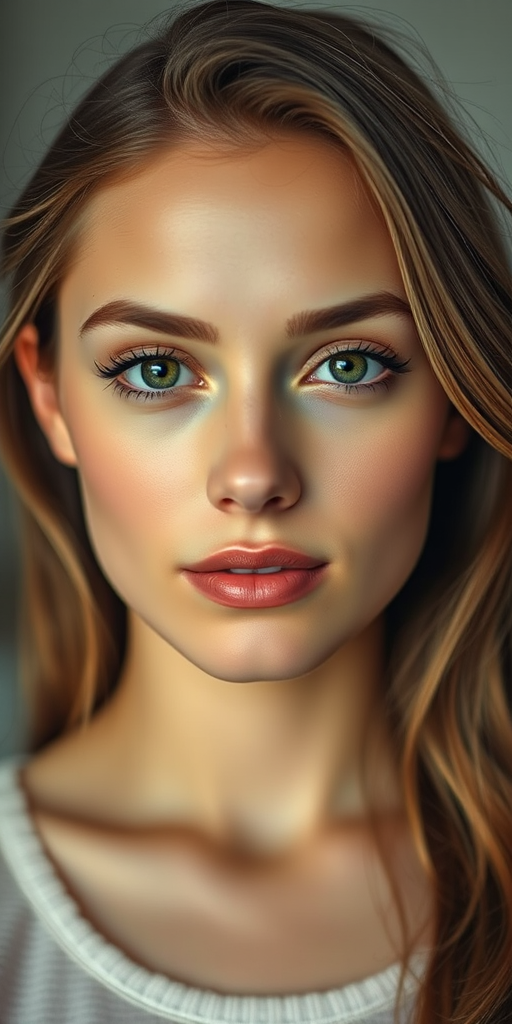 portrait of a young woman with natural makeup and soft lighting, shallow depth of field, 85mm lens, f/1.8 aperture, ISO 100, 1/200 sec, focused on facial features, warm tones, professional photography style, DSLR camera