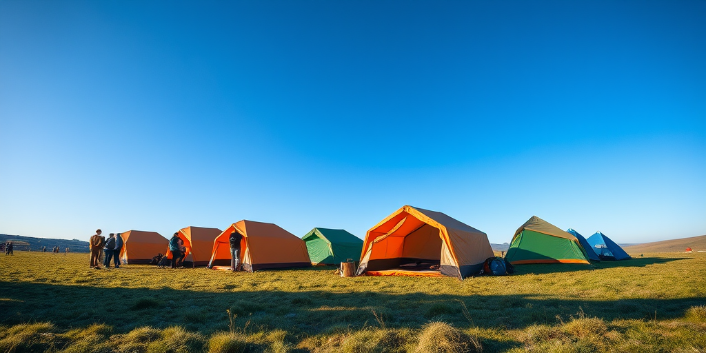 regenerate an outdoor scene of a tent camp with several tents set up on grassy land under a clear blue sky, include people interacting around the tents, use a DSLR camera with a 24mm lens, aperture f/8, ISO 200, shutter speed 1/200s, natural lighting, wide-angle viewpoint