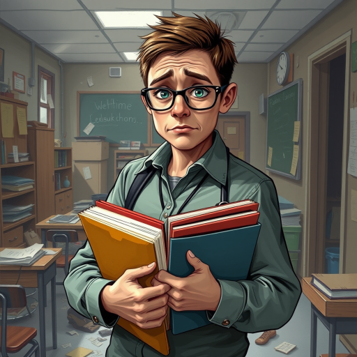realistic short haired teacher wearing glasses holding some folders standing outside a chaotic classroom exhausted and broken