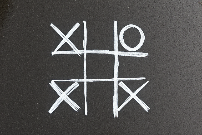 create an image of a chalk-drawn tic-tac-toe board on a dark textured stone surface, shot with a Canon EOS R5 camera at f/8 aperture, ISO 100, 1/100s shutter speed, top-down view, in natural light for enhanced clarity and contrast