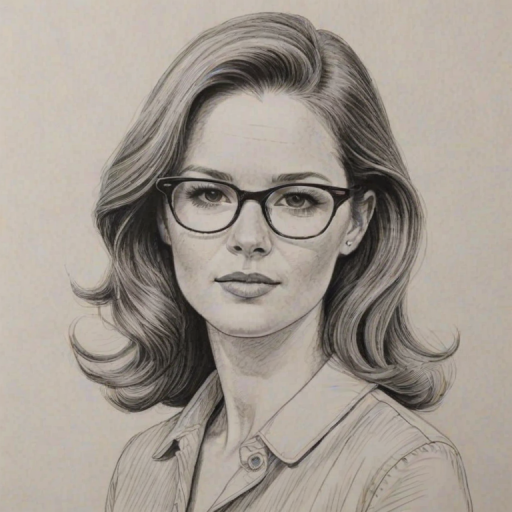 Captivating Sarah Drew, pencil sketch, portrait of Splendid woman 1964s in glasses, hair style beatnik, outline, clear lines, fine lines, 8k