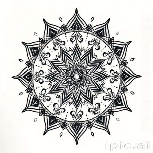 Ornamental dotwork mandala tattoo entitled "Sacred Geometry" showcasing intricate patterns and symmetrical designs inspired by ancient spiritual and mathematical concepts rendered entirely in precise dots of varying sizes and densities to create shading depth and texture incorporating sacred symbols and geometric shapes that radiate outward from a central focal point in perfect harmony and balance