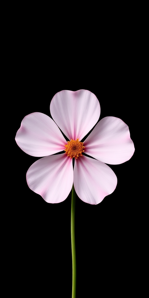 Create a high-resolution illustration of a simple flower with five petals and a round center, using a flat design style on a black background, shot with a DSLR camera at f/2.8 aperture, ISO 100, with a 50mm lens in a studio setting, ensuring sharp focus and vibrant contrast.