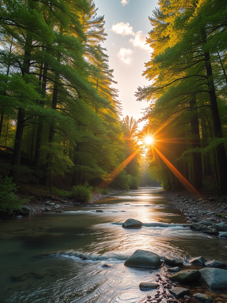 Create an image of a serene, sunlit forest scene with a clear, gently flowing river. Tall trees with lush green foliage line both sides of the river, their leaves bathed in the warm golden light of the setting or rising sun. The sunlight filters through the trees, casting soft, dappled light on the river, which flows over smooth rocks and pebbles, creating a peaceful, natural atmosphere. The sky is bright with a few scattered clouds, and the overall mood is tranquil, evoking a deep sense of connection with nature. The image captures the beauty of a calm, pristine forest landscape at either dawn or dusk.