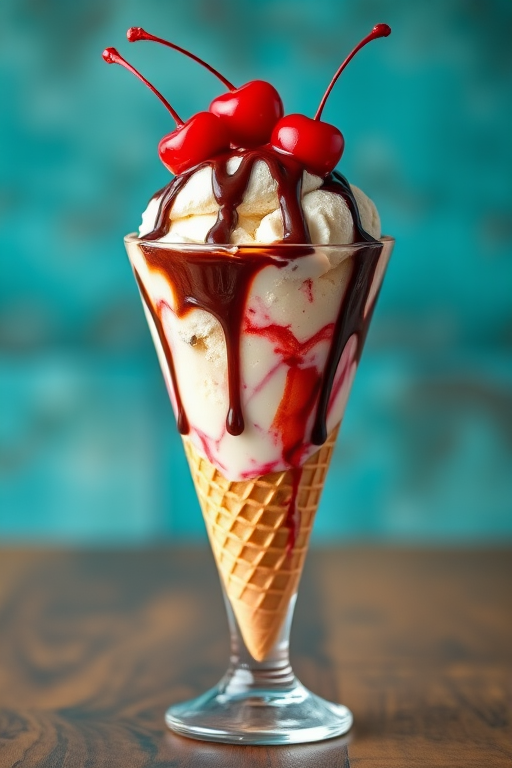 photograph a beautifully presented ice cream sundae in a tall glass with a waffle cone base, vibrant red cherries on top, chocolate sauce drizzled, and a blurred turquoise background, 50mm lens, f/2.8 aperture, ISO 100, natural light, shallow depth of field