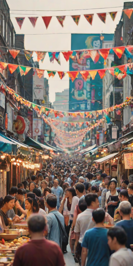 Soft-focus image of a bustling city street during a summer festival, with colorful banners and lights strung overhead, people laughing and enjoying food from stalls, all slightly blurred in motion.