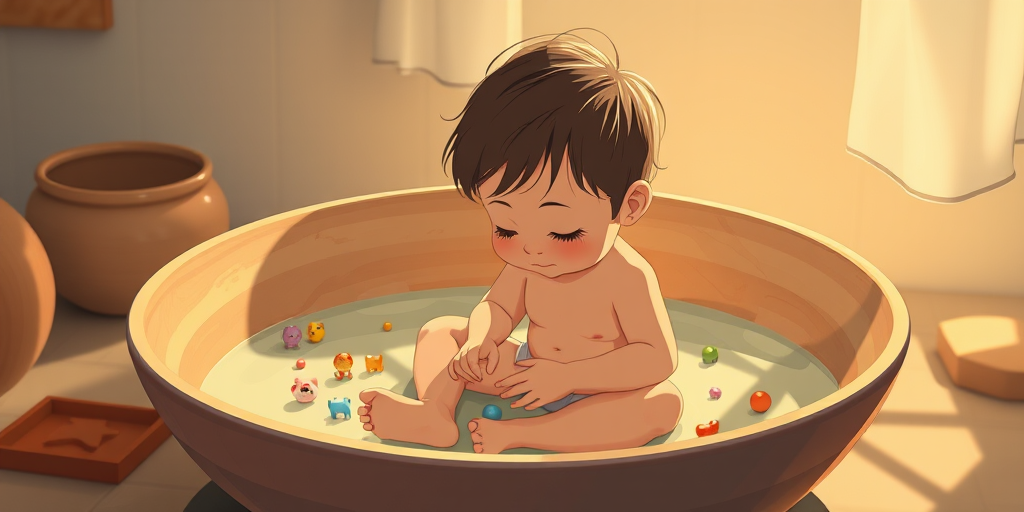 Create an illustration of a child sitting in a large shallow bowl, playing with small toys, with soft, ethereal lighting, using a Canon EOS R5, f/2.8 aperture, 50mm lens, shot from a close-up perspective.