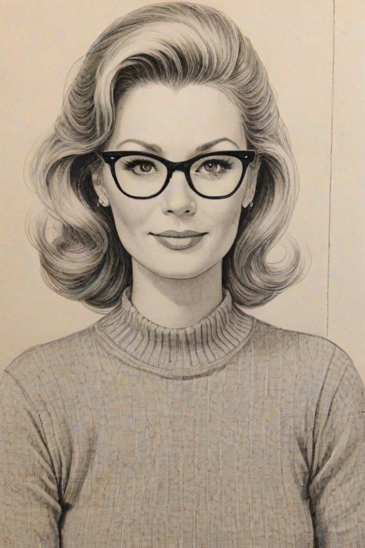 Attractive Sandra Lee, pencil sketch, portrait of Charming woman 1953s in glasses, hair style beatnik, outline, clear lines, fine lines, 8k
