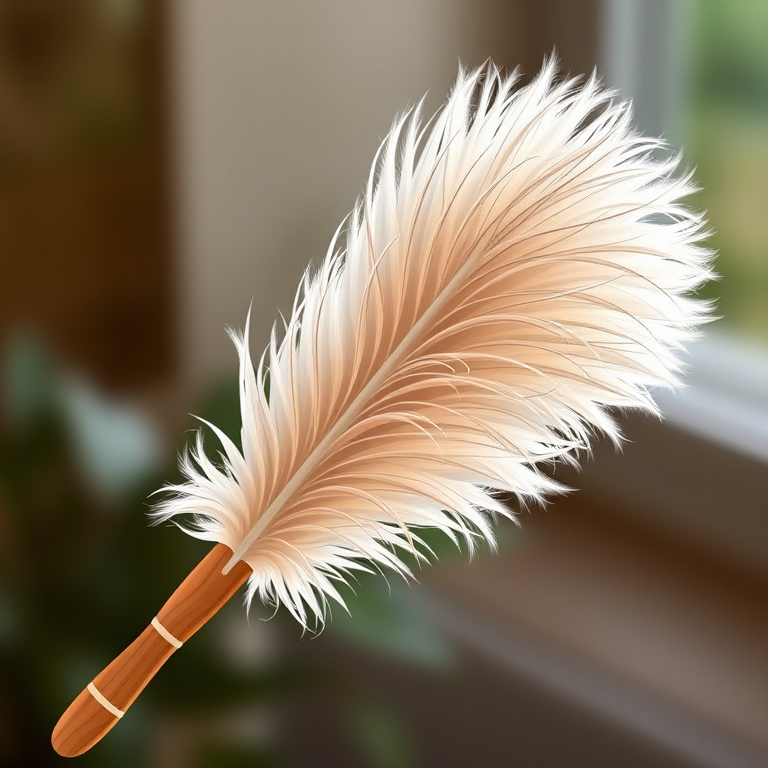 Illustration of a feather duster with a wooden handle, high resolution, close-up view, soft focus background, natural lighting, DSLR camera, f/2.8 aperture, 50mm lens.