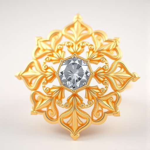 Generate a highly detailed 3D rendering of an ornate gold filigree design featuring a central diamond, using a DSLR camera with an aperture of f/2.8, ISO 100, and a focal length of 50mm, in a close-up view with soft, diffused lighting to enhance reflections and textures.