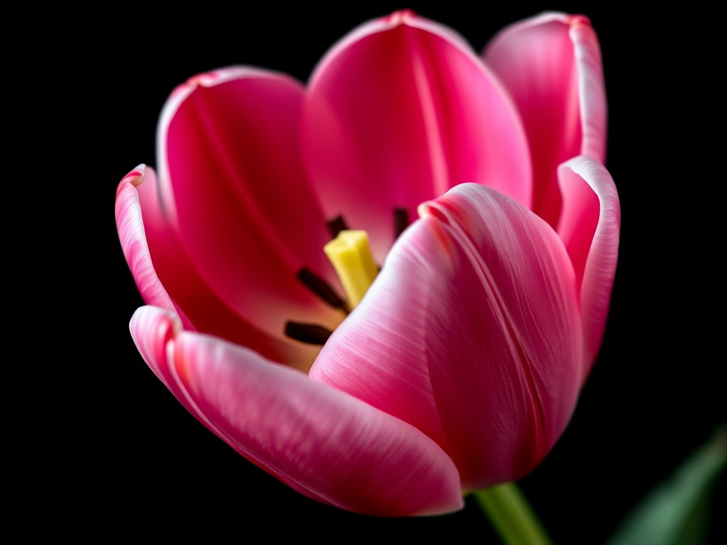 Close-up of a vibrant pink and white tulip flower on a black background, Canon EOS R5, 85mm f/1.2 lens, aperture f/2.8, ISO 100, soft natural lighting, macro photography.