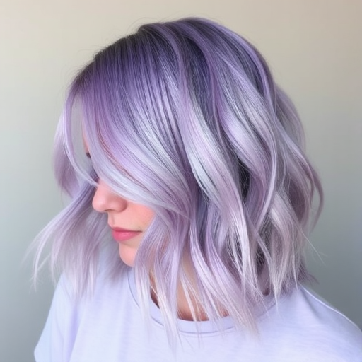 Soft lavender lob with loose beachy waves, subtle root shadow for depth, effortlessly tousled styling exuding a carefree and youthful vibe