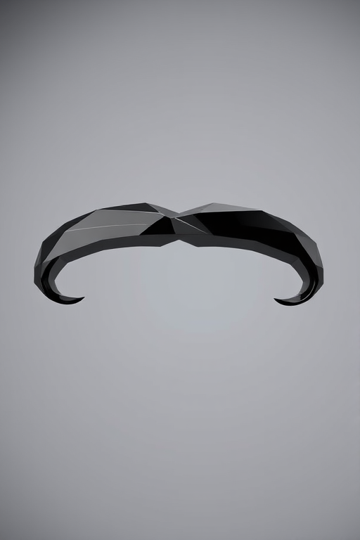Create a highly detailed 3D rendering of a polygonal mustache with sharp edges and a sleek black finish, using a DSLR camera with a 50mm lens, aperture set to f/8, ISO 100, and a shallow depth of field, captured from a slightly elevated angle against a smooth gradient background to enhance its form and texture.