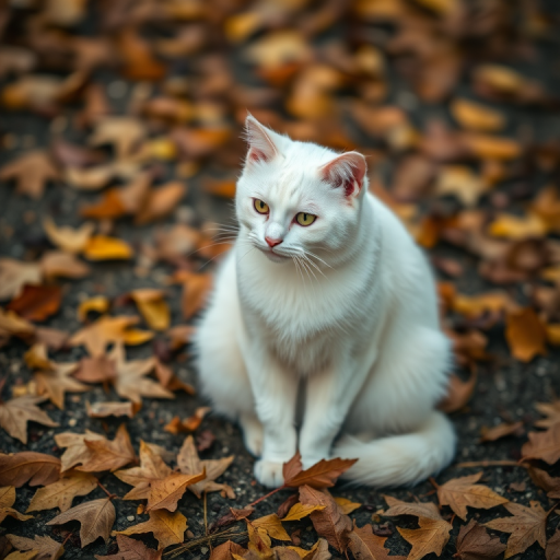 A white cat sitting on the ground with autumn leaves around, captured with a Canon EOS R5, 50mm lens, aperture f/2.8, ISO 200, and soft natural lighting for enhanced image quality.