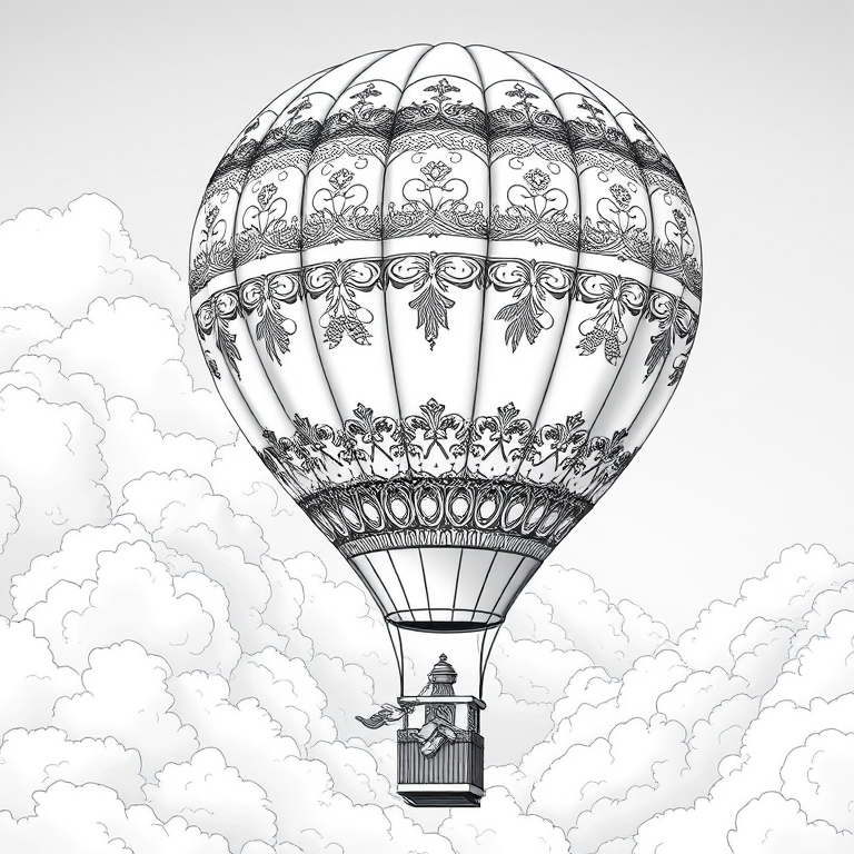 Create a high-resolution black and white illustration of a hot air balloon with intricate patterns and decorative elements, set against fluffy clouds, captured with a Canon EOS 5D Mark IV, 50mm lens, f/2.8 aperture, with soft diffused lighting for enhanced detail and contrast.