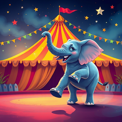 Create a vibrant circus-themed illustration featuring an elephant performing tricks, with a large tent in the background surrounded by stars and decorative elements, captured with a 50mm lens at f/2.8, ISO 100, in high dynamic range style, using a digital camera.