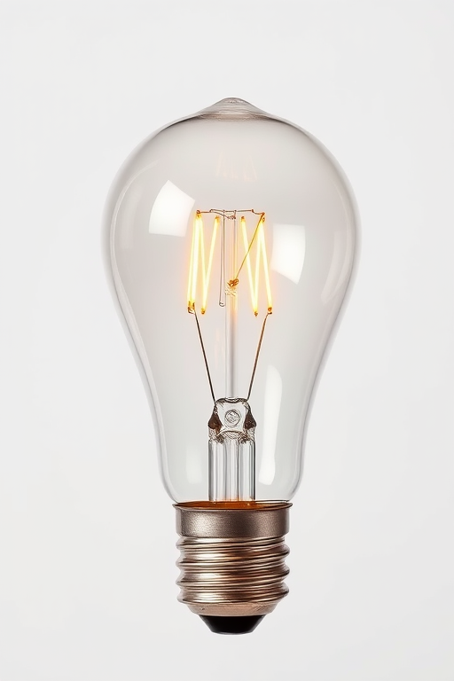 create a high-resolution image of a clear light bulb with intricate details of the filament, using a Canon EOS R5 camera, 50mm lens, f/2.8 aperture, 1/200 sec shutter speed, ISO 100, soft diffused lighting on a plain white background