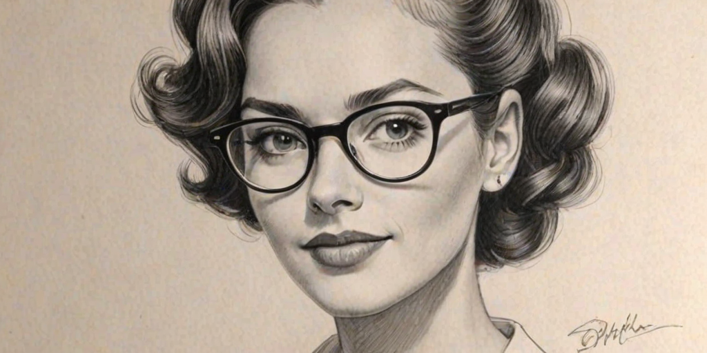 Attractive Sophia Wylie, pencil sketch, portrait of Lovely woman 1952s in glasses, hair style beatnik, outline, clear lines, fine lines, 8k