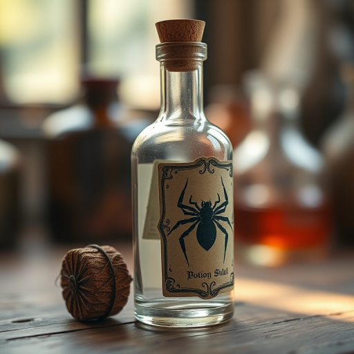 Create a high-resolution image of a vintage potion bottle with a textured cork, clear glass, and a label featuring a spider motif, captured in natural light with a shallow depth of field using a DSLR camera, 50mm lens, f/2.8 aperture, ISO 100, and soft focus background.