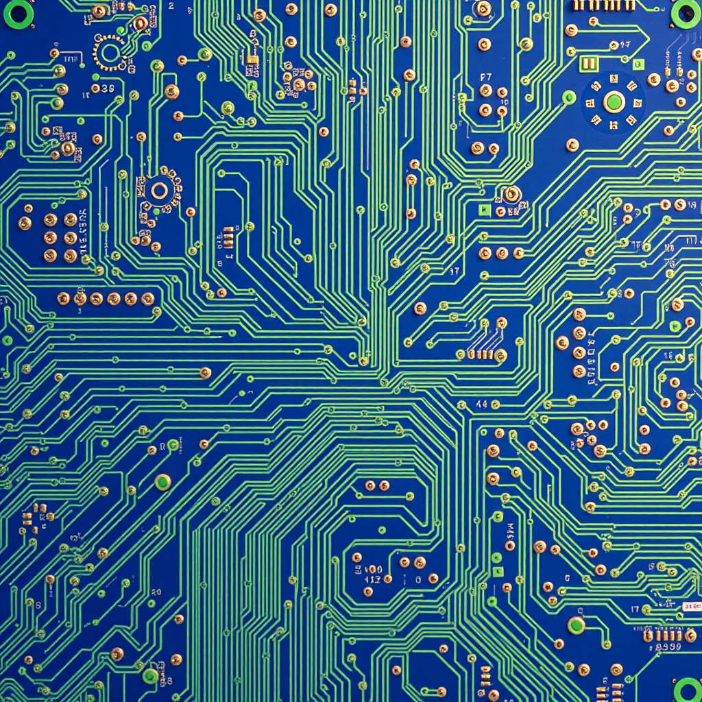 Create an intricate blue and green circuit diagram with detailed components and connections, using a Canon EOS R5 with a 35mm f/1.4 lens, ISO 100, aperture f/8, shutter speed 1/125s, shot from a top-down view, and using high dynamic range imaging for enhanced quality.