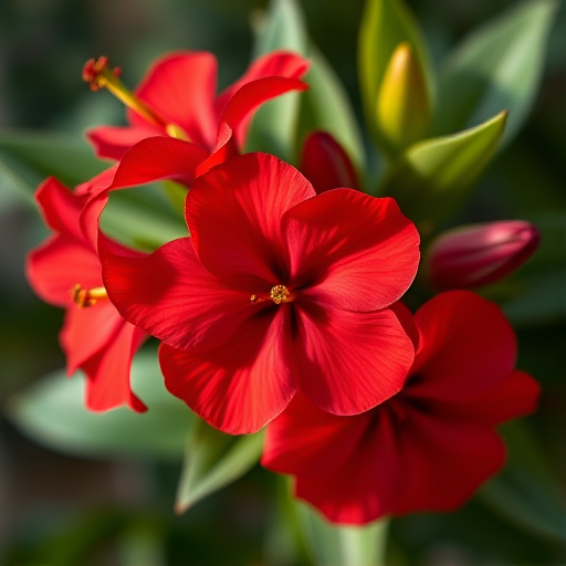 Create a hyper-realistic image of a red flower bouquet with vibrant petals and green leaves, using a DSLR camera with a 50mm f/1.8 lens, ISO 100, aperture f/2.8, and a depth of field focus on the petals, capturing the image from an eye-level angle with natural lighting to enhance the colors and details.