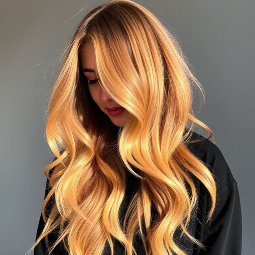 Lustrous honey blonde locks in the "Golden Hour" style cascade in loose, effortless waves with sun-kissed dimension and movement