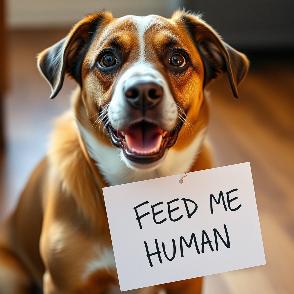 dog holding a note which says "FEED ME HUMAN"