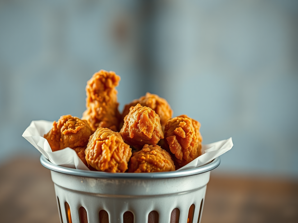 Create a highly detailed, realistic image of a bucket of fried chicken with crispy golden pieces visible, using a Canon EOS R5 camera, 50mm lens, aperture f/1.8, ISO 100, natural lighting, and a shallow depth of field for enhanced image quality.
