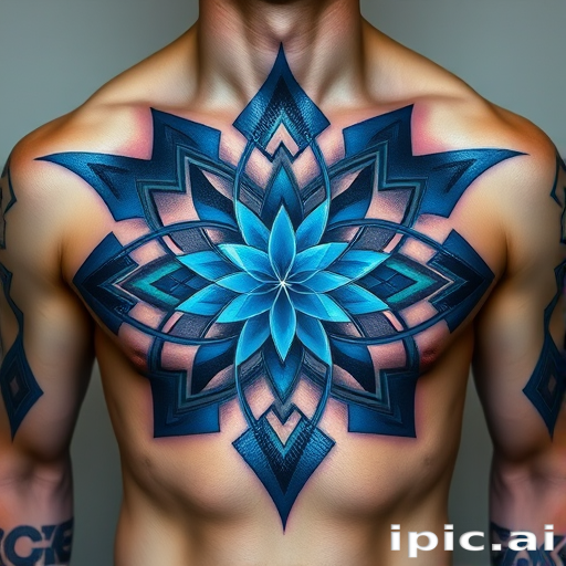 Mesmerizing geometric tattoo covering the chest and shoulders composed of interlocking shapes in shades of electric blue and metallic silver creating an optical illusion effect with precise symmetry