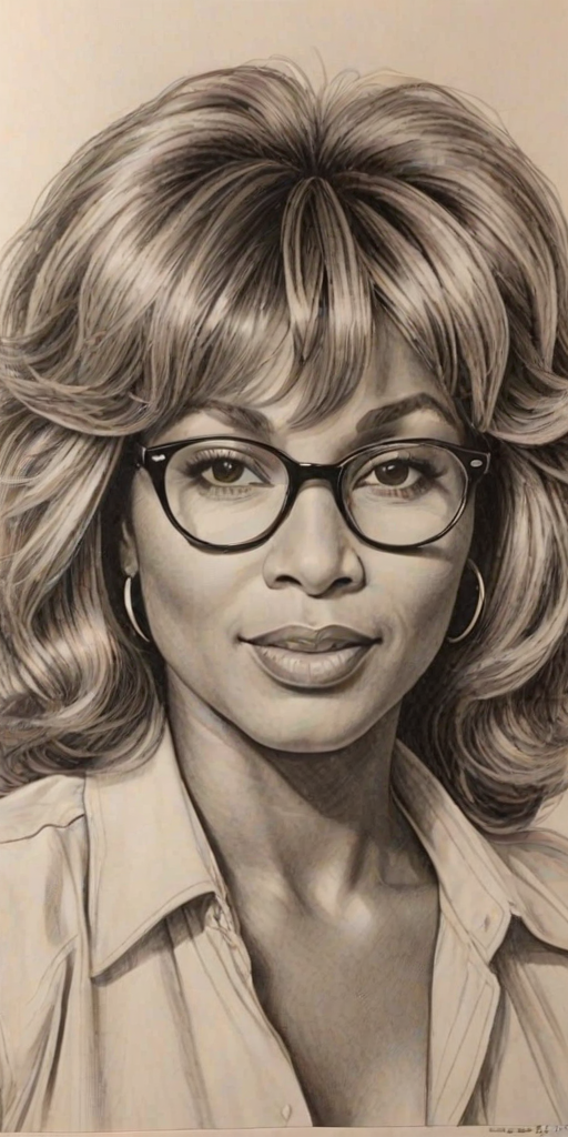 Stunning Tina Turner, pencil sketch, portrait of Splendid woman 1945s in glasses, hair style beatnik, outline, clear lines, fine lines, 8k