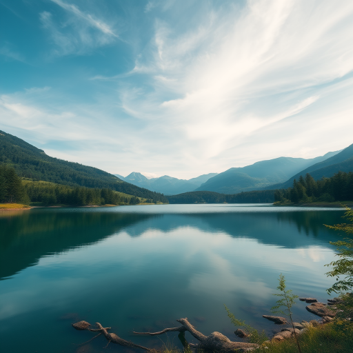 Regenerate a high-resolution image of a serene landscape featuring a tranquil lake surrounded by lush greenery and mountains in the background, taken with a Canon EOS R6, ISO 100, f/8 aperture, 1/125 sec shutter speed, using a wide-angle lens from a slightly elevated perspective to enhance depth and clarity.