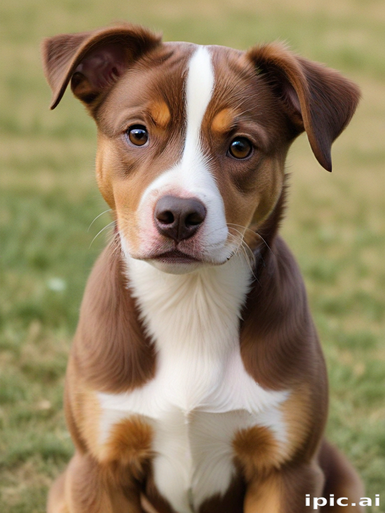 Adorable Brown and White Puppy Sitting on Green Grass Looking Playful.