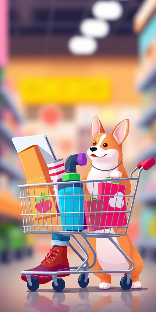 create a digital illustration of a person shopping online with a shopping cart full of items and a corgi next to them, using a soft focus background, vibrant colors, and a playful style, captured with a 50mm lens at f/2.8, ISO 100, and a slight bokeh effect for depth