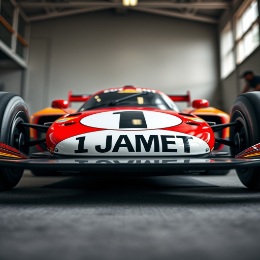 Create a high-quality image of a racing car design labeled with "1 JAMET," using a Canon EOS R5 camera, 50mm lens, f/1.8 aperture, 1/250 sec shutter speed, and ISO 100, captured from a low-angle view to emphasize the car's details and vibrant colors, with a focus on crisp lines and a dynamic background.