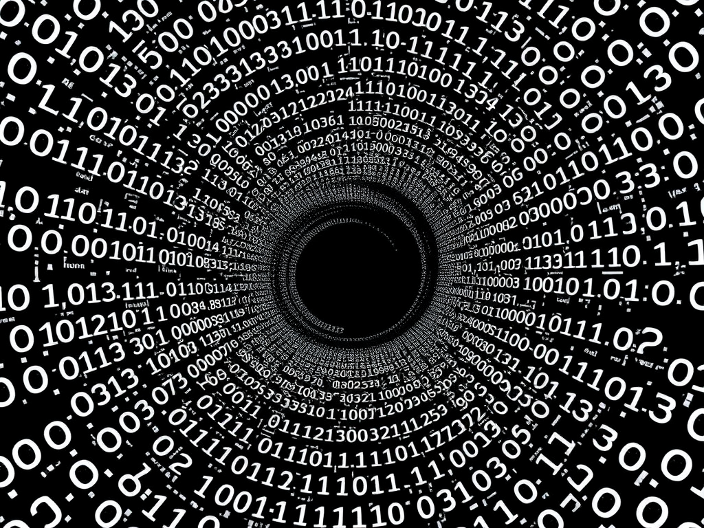Generate an image of a swirling vortex made of binary code numbers in black and white, with a high-resolution setting of 300 DPI, shot with a Canon EOS 5D Mark IV at f/8 aperture, 24mm lens, using a wide-angle view to enhance depth, and a slight zoom effect for a dynamic perspective.