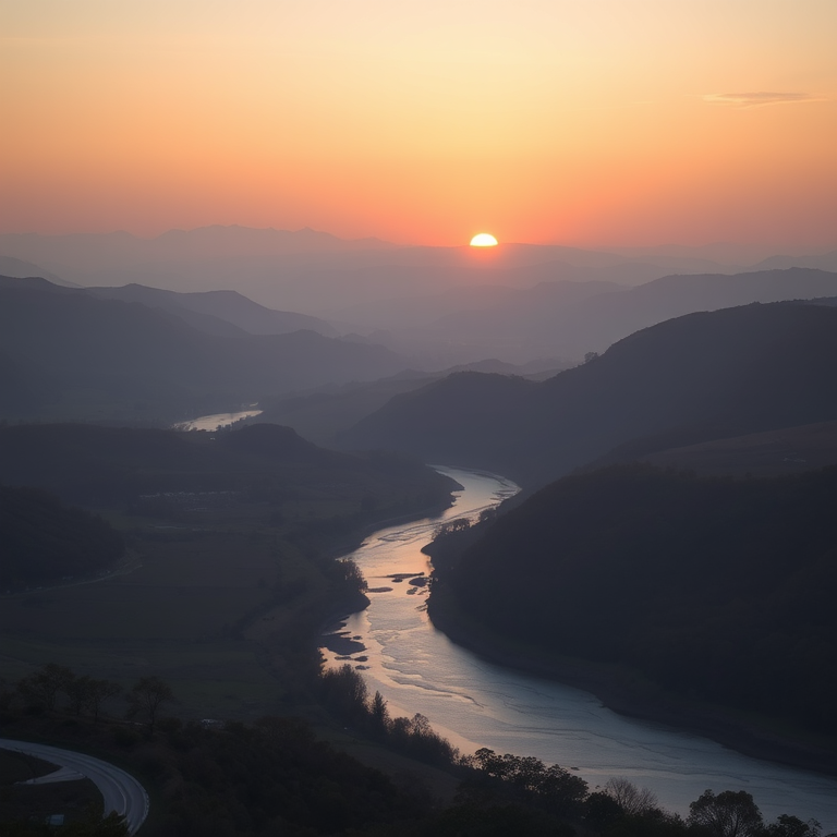 Create an image of a serene landscape at sunrise with soft pastel colors, featuring rolling hills and a calm river, taken with a DSLR camera at f/5.6, shutter speed 1/200 sec, ISO 100, wide-angle lens, shot from eye level.