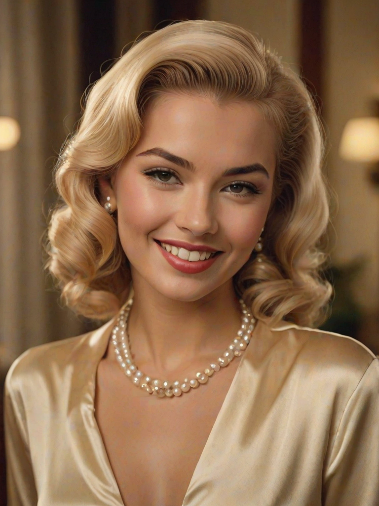 A beautiful Hawaiian woman reminiscent of 1950s Hollywood glamour, with perfectly styled blonde hair and a seductive smile, dressed in a satin blouse and adorned with pearls, soft and warm tones, photorealistic, 8K