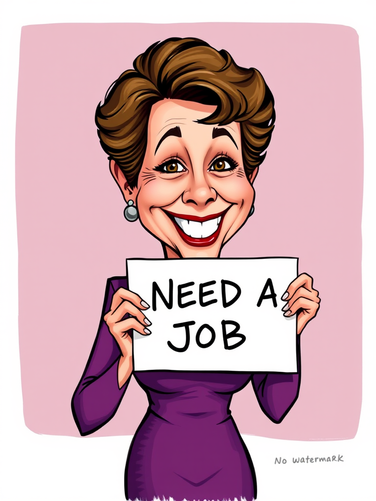 caricature of a smiling Annette Bening in a Plum dress or suit, holding up a sign that says "NEED A JOB", no watermark,